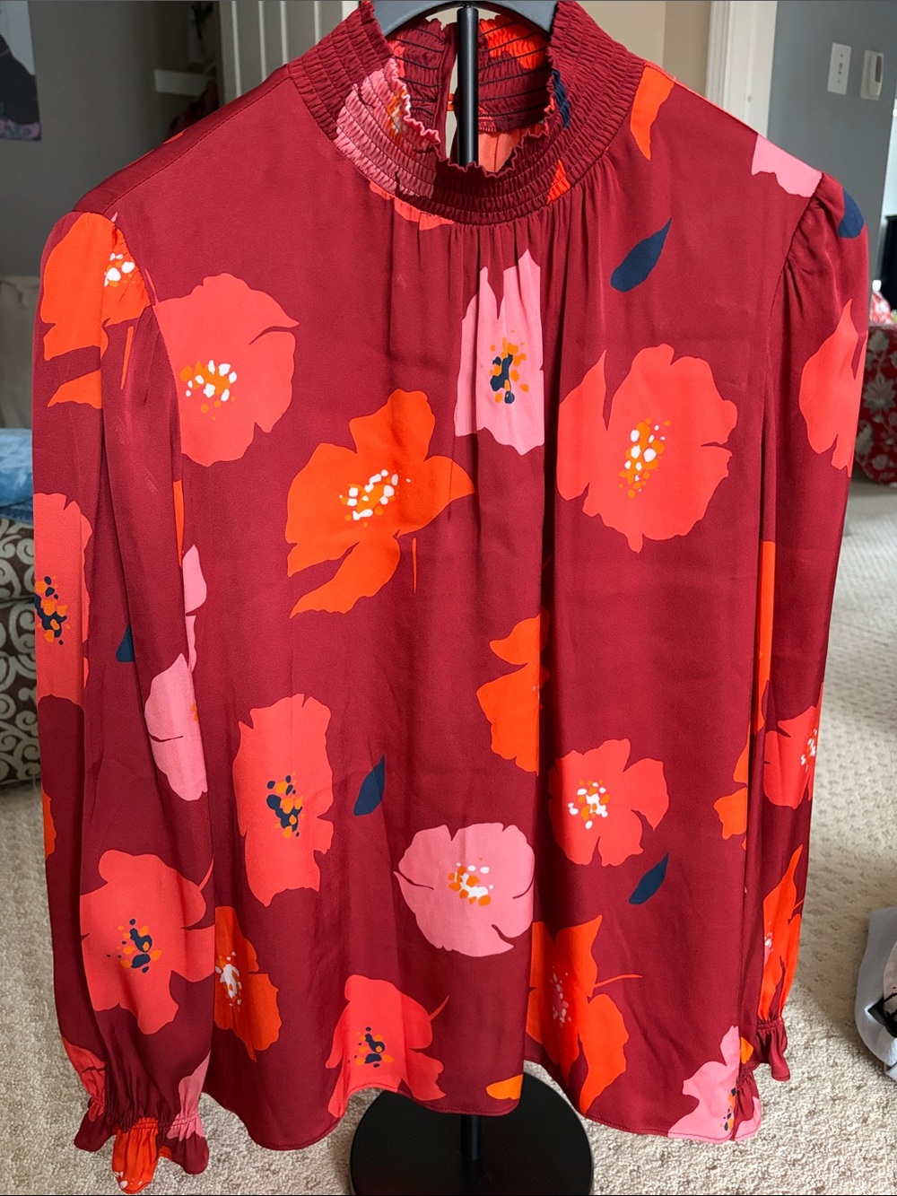 Tucker Red Multi Floral Smocked-Neck Blouse